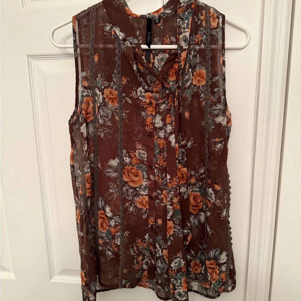 Bellatrix Brown Sleeveless Floral Tie-Neck Blouse